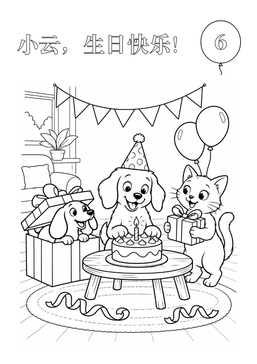 生日小惊喜生日填色页示例，可加入自己的祝福和年龄