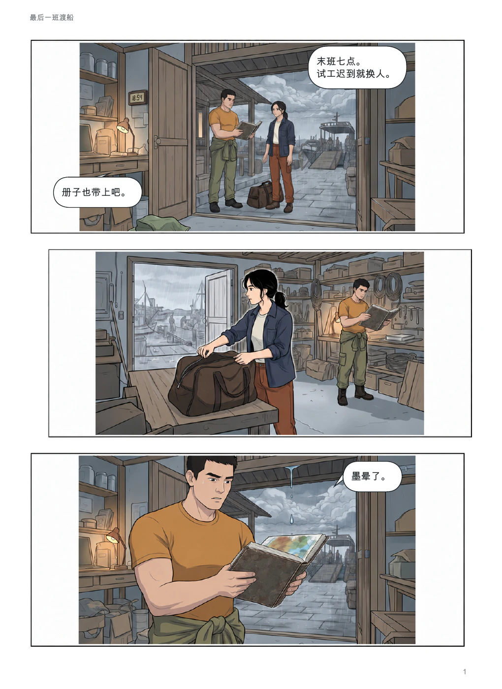 最后一班渡船 · 第 1 / 8 页 · 彩色,含中文对白的完整漫画页